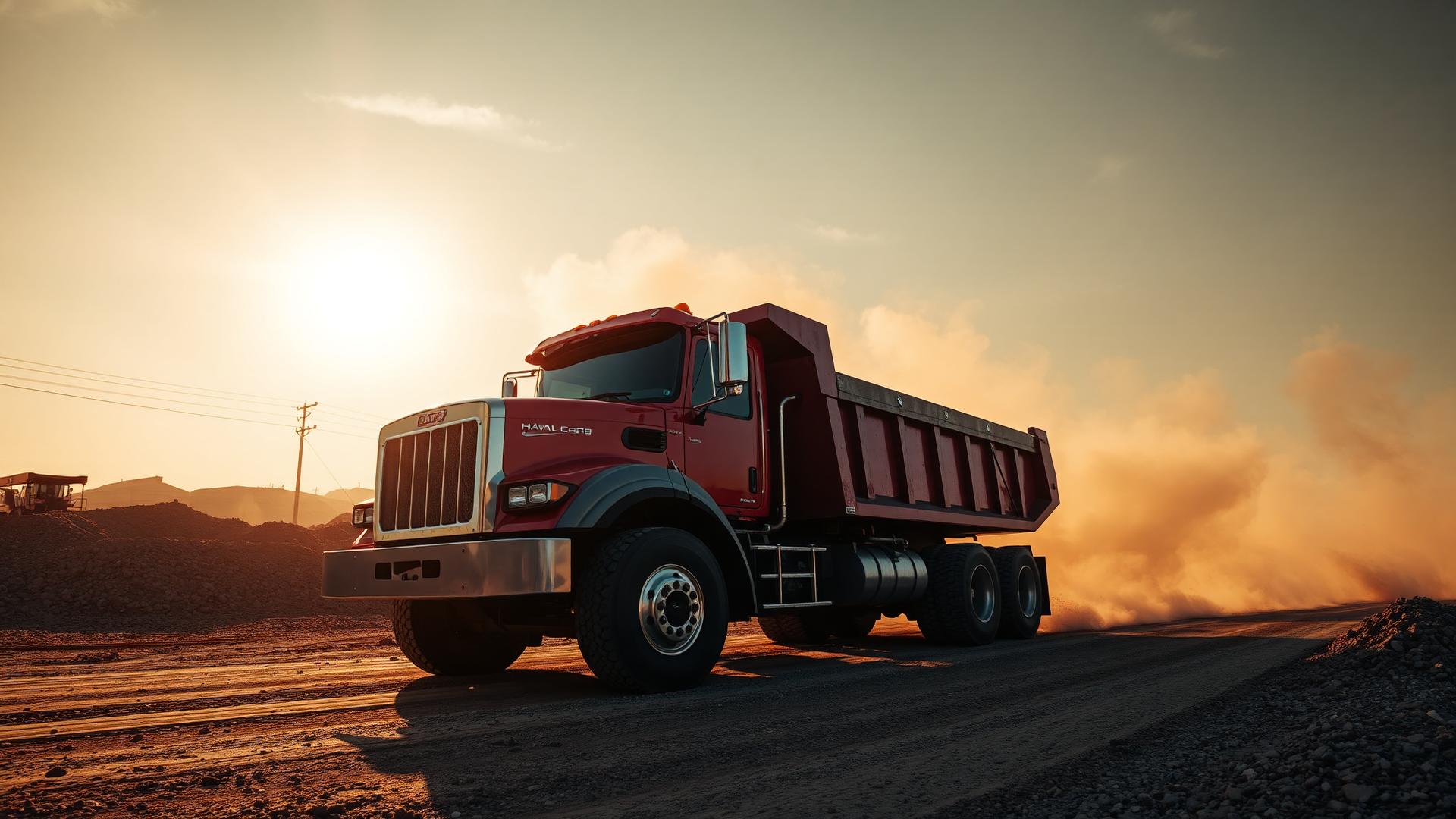 Red heavy-duty dump truck hauling on a construction job site at sunset